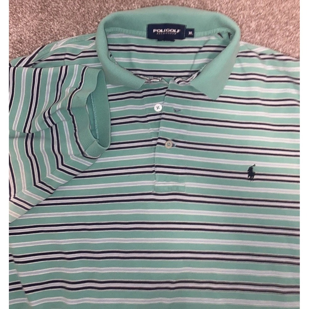 POLO Ralph Lauren Golf Men Cotton Mint Green Striped Blue Pony Shirt XL Read